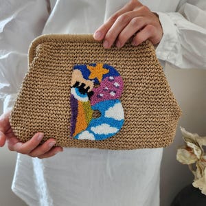 Handmade Personalized Raffia and Crochet Clutch – Boho Wedding, Beach & Travel Bag – Summer Gift for Her, Straw Beach Bag, Raffia Clutch Bag