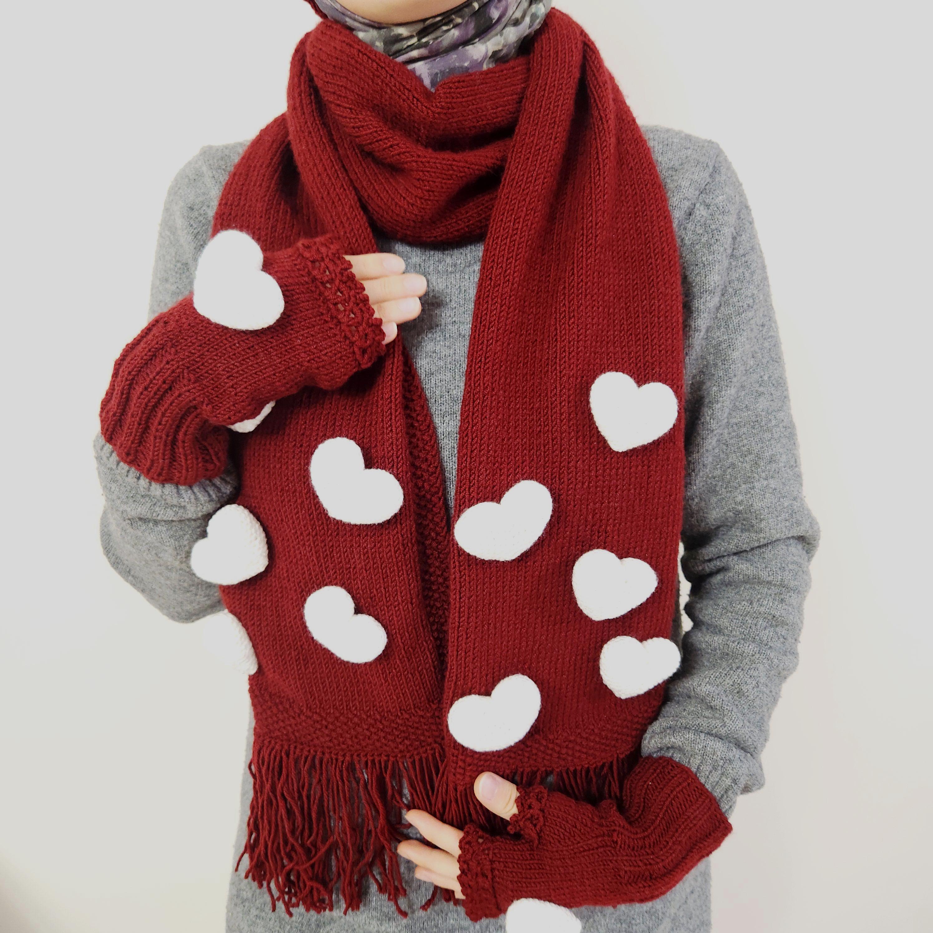 Heart Shaped Knitted Scarf Hat Gloves Set, Wine Red Handmade 