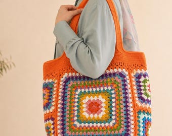 Granny Square Crochet Tote Bag, Handmade Boho Beach Bag, Colorful Crochet Purse, Travel Tote, Festival Bag, Personalized Gift