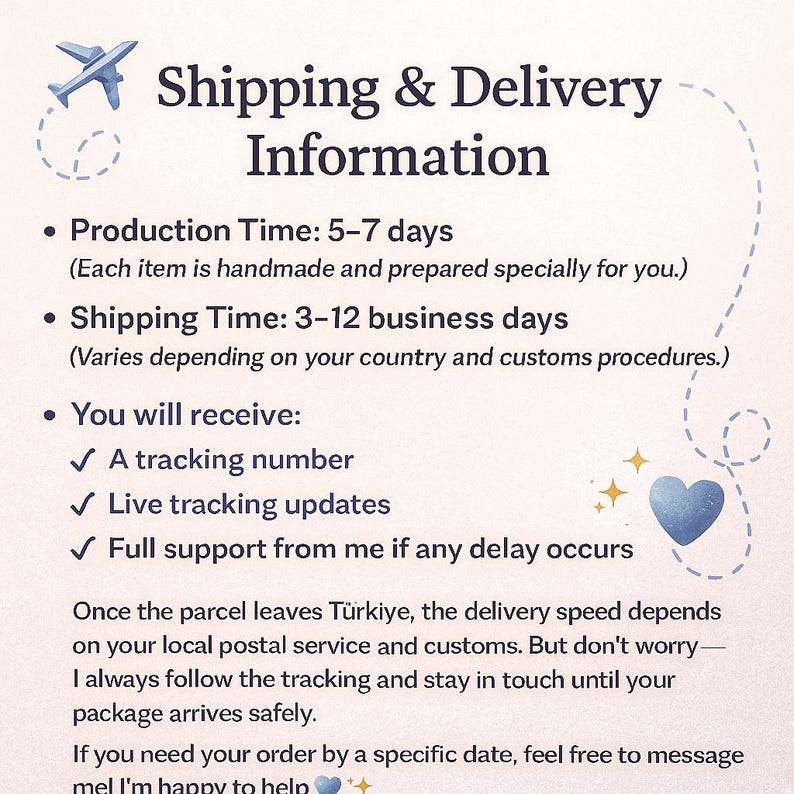 May include: A light purple graphic with the text "Shipping & Delivery Information" and bullet points detailing production and shipping times. Includes a small airplane graphic and a blue heart.