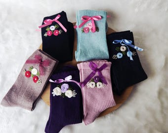 Embroidered Floral Socks Set, Women's Fashion Socks - Mother's Day gift