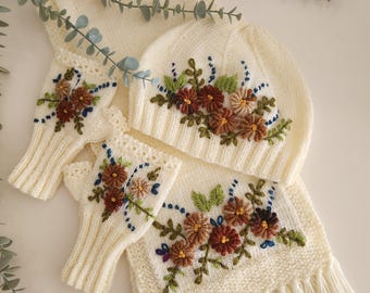Embroidered Knit Hat Scarf Gloves Set, Cream Floral Winter Accessories