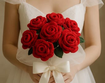 Handmade Red Rose Crochet Bouquet Blanket, Romantic Forever Flower Decor