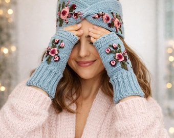 ハンドメイド刺繍花柄ヘッドバンド＆指なし手袋セット – ミントグリーンニット
