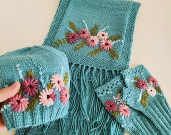 Turquoise Embroidered Hat Scarf Glove Set – Handmade Valentine’s Day Winter Gift for Her