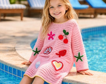Crochet Girls Beach Cover Up Dress – Handmade Boho Cotton Swimsuit Cover for Toddler Girls – Summer Vacation Outfit
