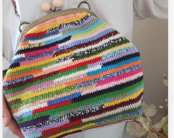 Handmade Colorful Crochet Shoulder Bag – Rainbow Crochet Bag – Boho Crochet Bag – Kiss Lock Purse – Colorful Summer Bag – Mother’s Day Gift