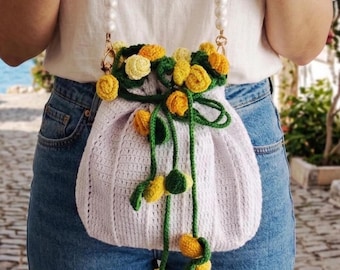 Crocheted Yellow Rose Bag: Handmade Cotton Floral Purse - Mother's Day gift