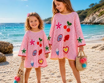 Handmade Crochet Kids Beach Cover Up Dress – Boho Cotton Summer Outfit, Cherry Appliqué
