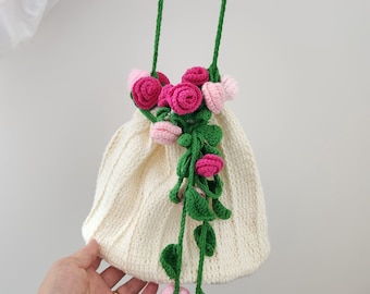 Handmade Crochet Pink Rose Bouquet Bag: Floral Cotton Purse - Mother's Day gift