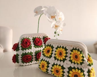 Handmade Crochet Rose Clutch: 3D Flower Granny Square Kiss Lock BagAffordable Christmas Gifts