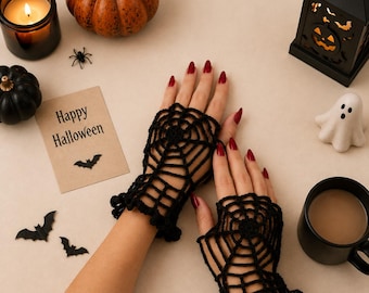 クモの巣模様の手袋、ハロウィン用指なし手袋、ゴシック調のかぎ針編み手袋、魔女のコスチュームアクセサリー、黒レースのリストカフ