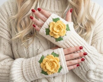かぎ針編みの指なし手袋、黄色のバラのミトン、手作りの花柄ハンドウォーマー、彼女へのギフト