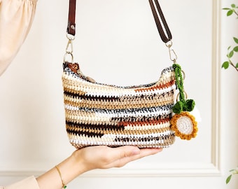 Crochet Shoulder Bag Brown Cream Striped | Boho Y2K Minimalist Crossbody Bag | Handmade Cotton Neutral Summer Beach Bag  , Gift for Her