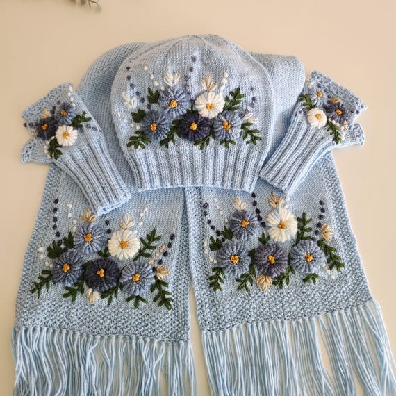 Handmade Patina Blue  Embroidered Knit Winter Set: Gloves, Hat & Scarf , Affordable Christmas Gifts