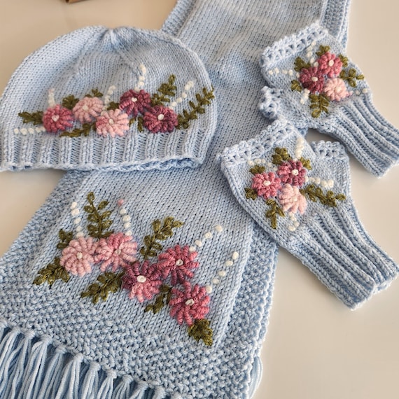 Patina Blue Knit Set-   Embroidered Hat Gloves Scarf Set – Handmade Light Blue Knit Winter Gift for Her, Affordable Christmas Gifts