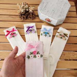 Embroidered Children&#39;s Knee Socks, Special Hand  Embroidered Socks, Perfect Gift Idea for Children, Colorful Children&#39;s Socks, Cotton Socks