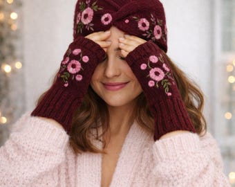 Embroidered Headband Knit Ear Warmer – Burgundy Handmade Floral Headband, Valentine’s Gift for Her