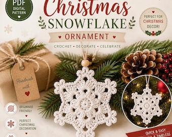 クリスマス雪の結晶オーナメントかぎ針編みパターンPDF、雪の結晶コースターかぎ針編み、クリスマスツリーオーナメント、冬のデコレーションかぎ針編み、ホリデーギフトアイデア