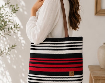 Crochet Tote Bag Black White Red Striped | Handmade Cotton Boho Shoulder Bag | Summer Beach Bag | Designer Inspired Gift for Her