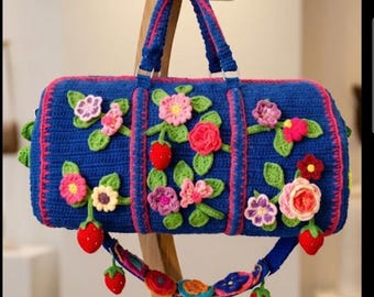 Handmade Crochet Duffle Bag, Strawberry Floral Boho Travel Tote, Cobalt Blue XXL Weekender