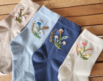 Embroidered Floral Socks, Ankle Socks - Mother's Day gift