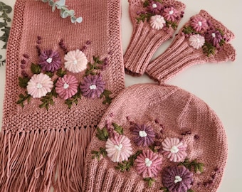 Handmade Pink Knit Set, Embroidered Floral Hat, Gloves & Scarf