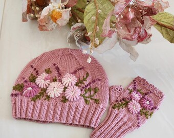 手編みウール帽子と指なし手袋のセット：花柄刺繍ベレー帽、お手頃価格のクリスマスギフト、ニットビーニー