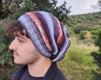 Handgefertigte Wollmischung Slouchy Beanie - Grau Braun Strickmütze