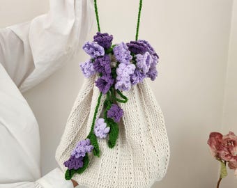 Handmade Crochet Purple Tulip Bag: Floral Bouquet Purse, Cotton Yarn Accessory