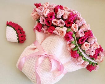 Handmade Pink Rose Crochet Bouquet Blanket – Romantic Gift & Floral Throw – Mother's Day gift