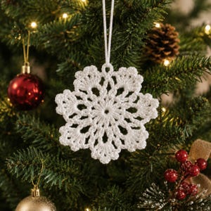 May include: A white crocheted snowflake ornament with a six-pointed star design and intricate openwork patterns. The ornament is crafted from fine white thread and features a simple loop at the top for hanging, showcasing a delicate texture.