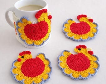 Crochet Chicken Coaster Set – Handmade Farmhouse Mug Cozy