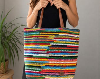 XL Rainbow Crochet Tote Bag | Luxury Designer Inspired Beach Bag | Handmade Boho Cotton Shoulder Bag | Summer Travel Tote | Gift for Her