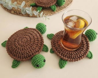 Crocheted Sea Turtle Coaster, Boho Coastal Kitchen Decor, Absorbent Cotton Mug Rug