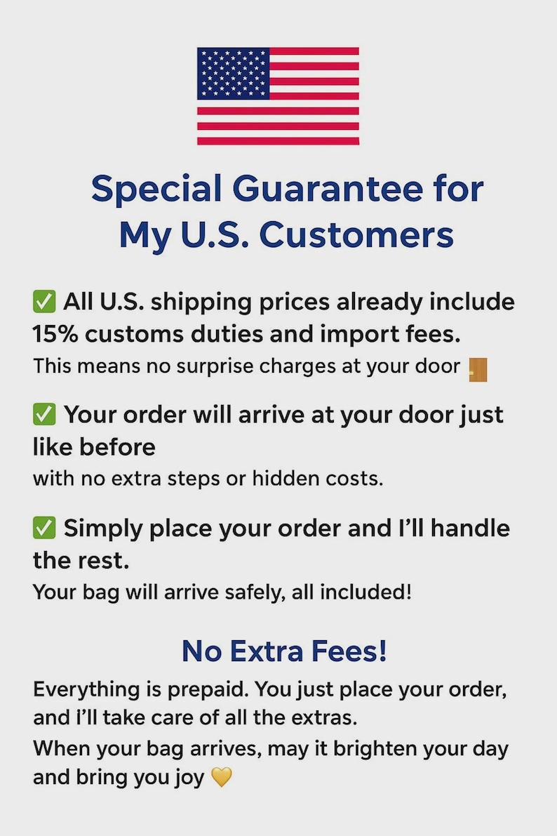 May include: Image with the American flag at the top, followed by text that reads "Special Guarantee for My U.S. Customers." The text explains that shipping prices include customs duties and import fees, with no extra charges.