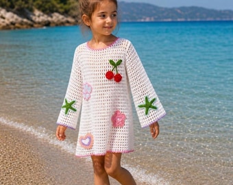 Gehaakte strandjurk voor meisjes – Handgemaakte boho-katoenen badpakhoes voor peutermeisjes – zomervakantie-outfit