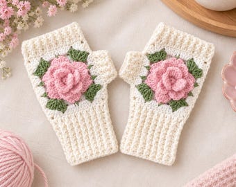 ピンクのバラ模様のクロシェ編み指なし手袋、アイボリーのハンドウォーマー、3Dフラワーグローブ、女性用秋物アクセサリー、冬の贈り物、手作り手袋