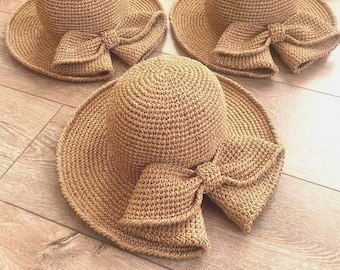 Handmade Raffia Sun Hat: Foldable Wide Brim Beach Hat with Bow Detail