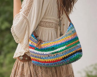 Y2K Boho Summer Purse | Rainbow Crochet Shoulder Bag | Luxury Inspired Crochet Mini Bag | Beach Vacation Handmade Gift for Her