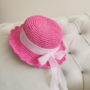 Pink Raffia Sun Hat for Girls – Toddler Beach Hat with Lace Bow – Summer Sun Protection – Baby Holiday Hat – Cute Handmade Gift Idea, Hat