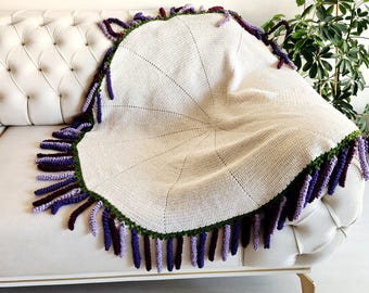 Handmade Crochet Lavender Bouquet Blanket, 3D Floral Organic Cotton Throw