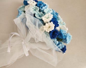 Patina Blue Tulip Crochet Flower Bouquet –Gift for her, Romantic Handmade Forever Flowers