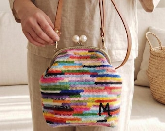 Handmade Rainbow Crochet Kiss Lock Bag, Boho Striped Shoulder Handbag