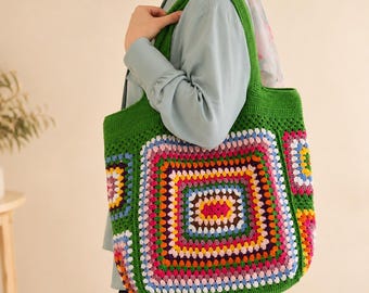 Green Granny Square Crochet Tote Bag, Cotton Crochet Carry All Bag, Trravel Beac Boho Bag