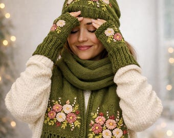 ハンドメイドオリーブグリーンニットセット、花柄刺繍アンゴラ、冬用アクセサリー