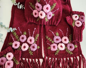 Burgundy Embroidered Knit Set – Winter Hat, Scarf & Gloves, Handmade Wool Gloves, Gift for Her