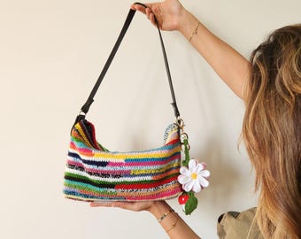 Regnbågsvirkad axelväska: Boho bomullsmormorsväska med dragkedja – Virkad handgjord flerfärgad väska - Y2K Boho sommarväska