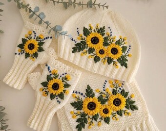 ひまわり刺繍入りニット帽＆手袋セット｜手作り花柄冬物アクセサリー｜彼女への素敵なギフト｜コテージコアスタイル