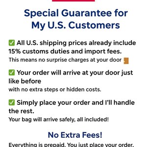 May include: Image with the American flag at the top, followed by text: "Special Guarantee for My U.S. Customers." The text explains that U.S. shipping prices include customs duties and import fees, with no extra charges. The order arrives as usual.